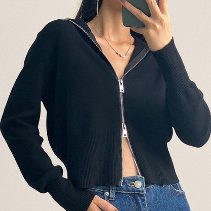 Black Wool-Blend Collared Zip-Up Cardigan