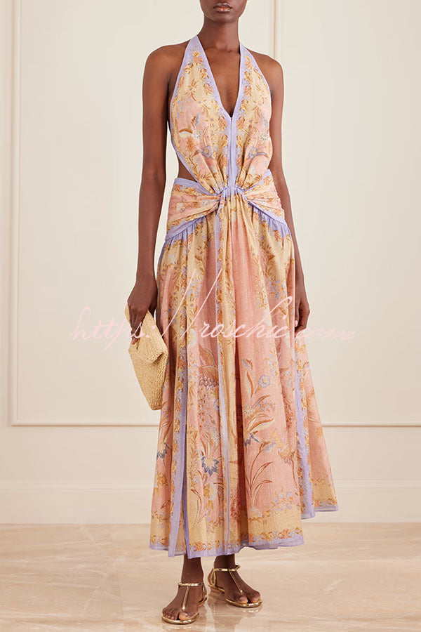 Chapel Linen Blend Floral Print Cutout Tie-up Waist Pocket Halter Backless Maxi Dress