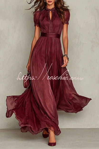 Elegant Lace Trim Keyhole Puff Sleeve Flowing Chiffon Maxi Dress