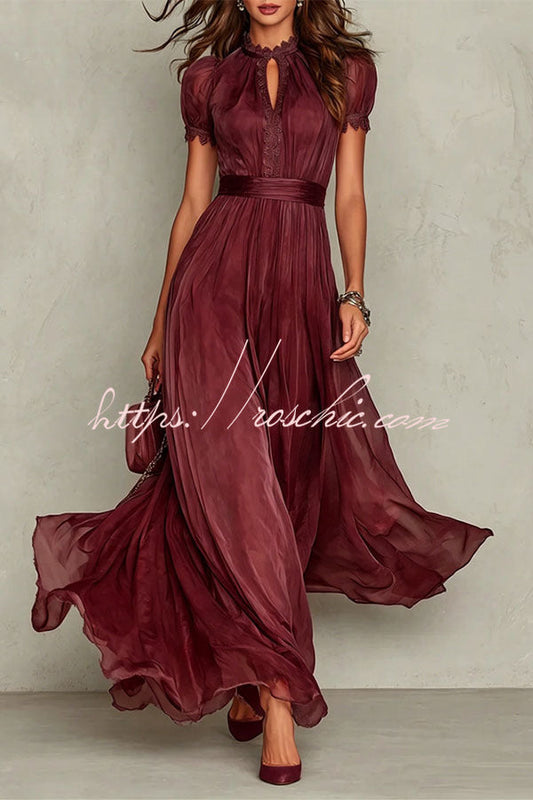 Elegant Lace Trim Keyhole Puff Sleeve Flowing Chiffon Maxi Dress