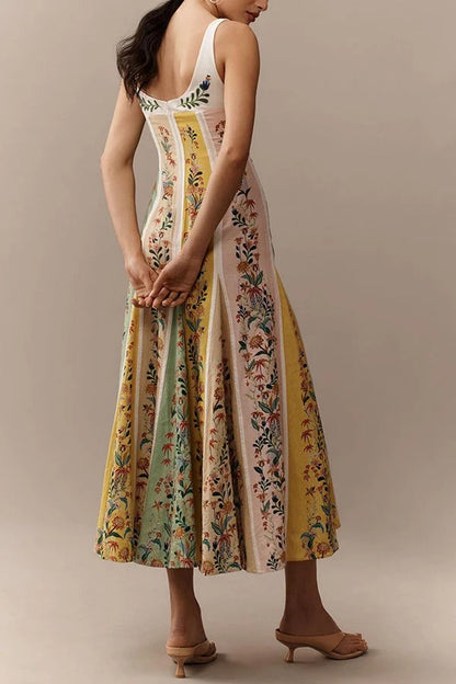 Sweet Garden Linen Blend Color Block Floral Paneled Maxi Dress