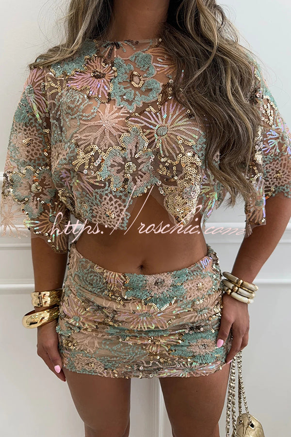 Fashionable Embroidered Flower Sequined Crop Top and Hip-hugging Mini Skirt Set