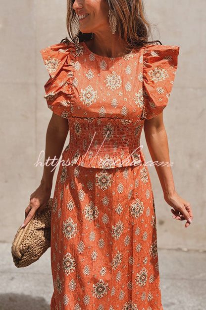Emilia Unique Print Flutter Sleeve Smocked Top and Elastic Waist Maxi Skirt Set