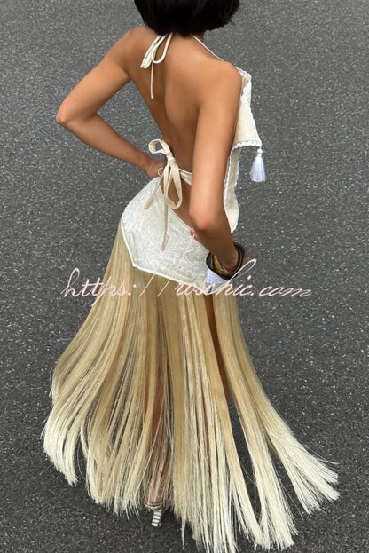 Fashionable Lace Appliqu¨¦ Tassel Hem Vacation Maxi Skirt