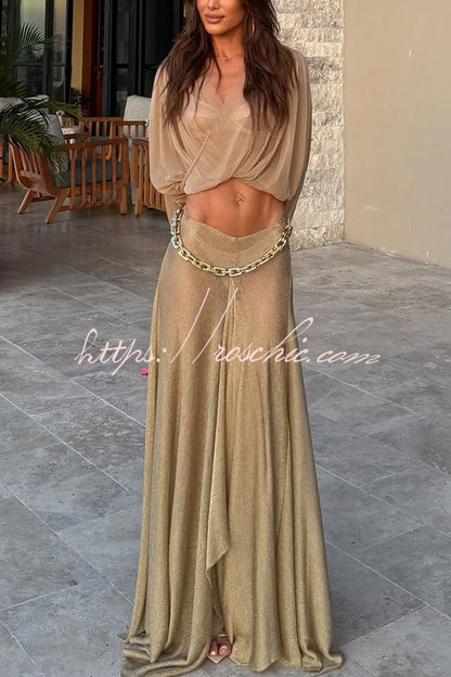 Dazzle Vacation Metallic Knit Long-sleeve Draped Crop Top and Mid Rise Irregular Slit Hem Maxi Skirt Set
