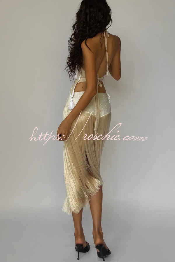 Fashionable Lace Appliqu¨¦ Tassel Hem Vacation Maxi Skirt