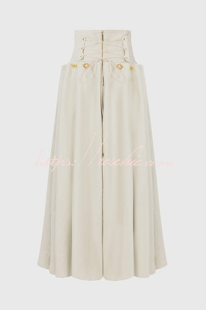 Custom Look Linen Blend Unique Metal Pattern Buttons Lace-up Waist Crisp Hem Maxi Skirt