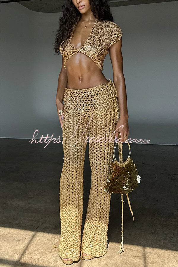 Gold Coast Knit Sequin Fabric Short Sleeve Crop Top and Adjustable Beaded Waist Loose Pants Set