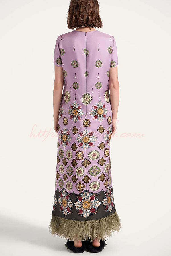 Lucia Satin Baroque Court Style Printed Short Sleeve Pocket Feather Trim Maxi Dress