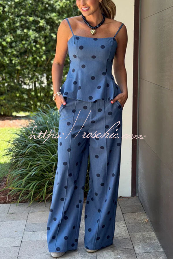 Jolene Denim Polka Dot Print Flare Hem Slip Top and Pocket Wide Leg Pants Set