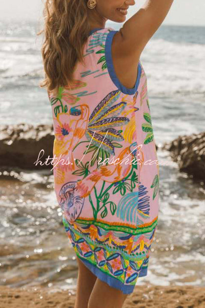 Summer Unique Print Loose Round Neck Sleeveless Casual Pocket Mini Dress