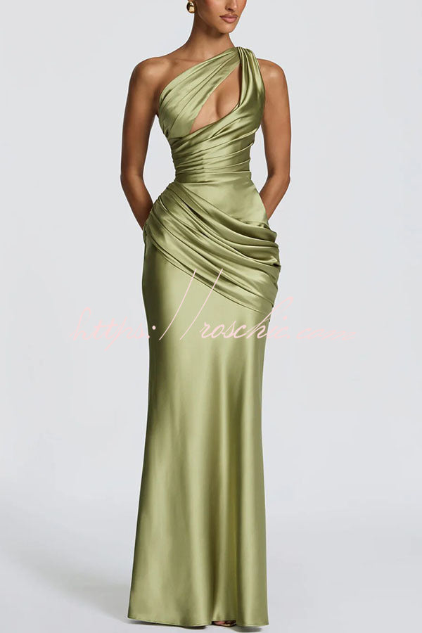 Emina Satin One Shoulder Asymmetrical Neck Cutout Back Lace-up Drape Maxi Dress