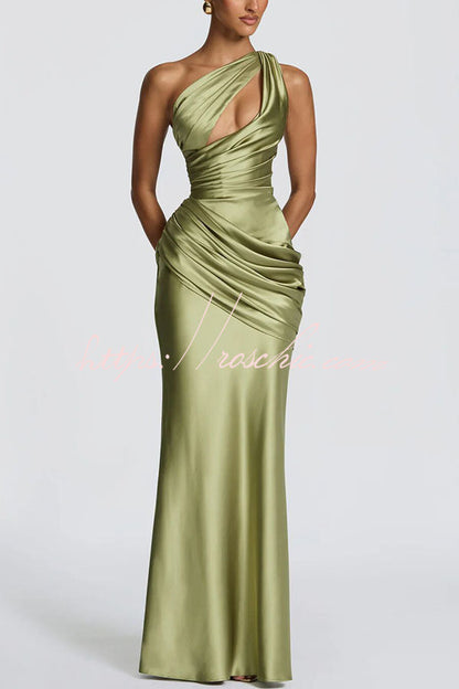 Emina Satin One Shoulder Asymmetrical Neck Cutout Back Lace-up Drape Maxi Dress