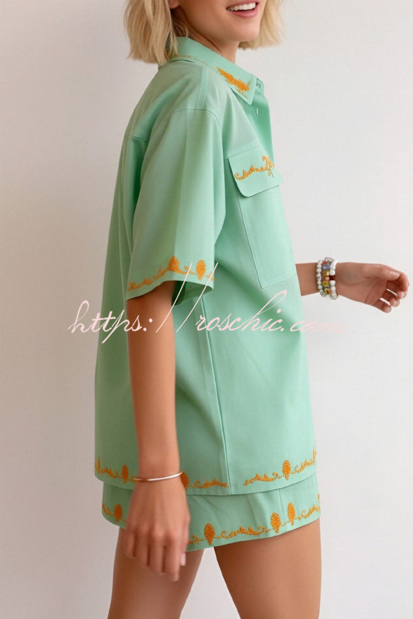 Linen Blend Loose-fitting Short-sleeved Button-down Shirt and Casual Pocket Shorts Set