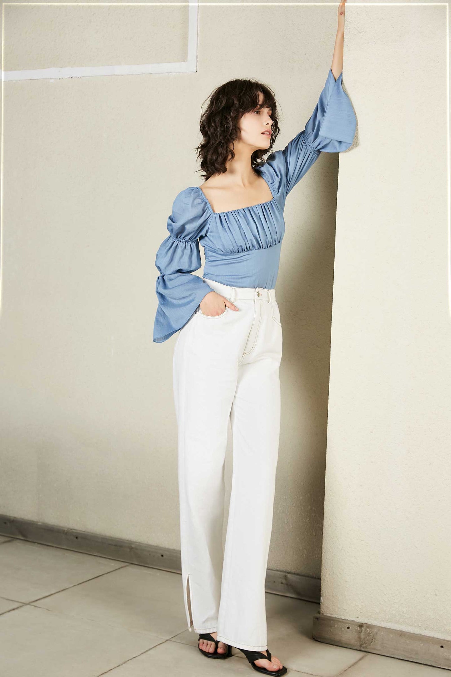 Cathy Blue Wide Cropped Blouse