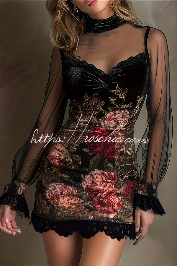 Enchanted Garden Sheer Mock Neck Velvet Dress