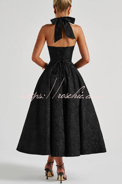 Stylish Jacquard Halter Neck Fitted Waist Open Back Elegant Midi Dress