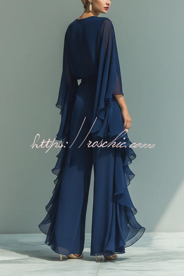 Chic Midnight Blue Ruffled Overlay Wide-Leg Pantsuit