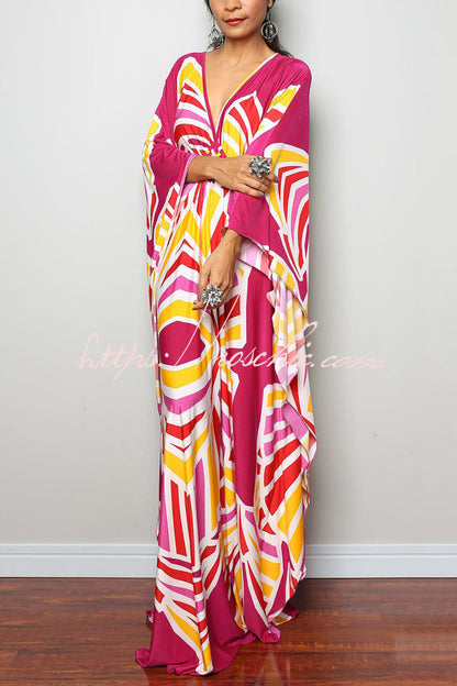 Unique Print Loose V-Neck Batwing Sleeve Casual Maxi Dress
