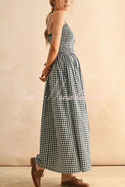 Stylish Plaid Print Spaghetti Strap Ruched Casual Pocket Maxi Dress