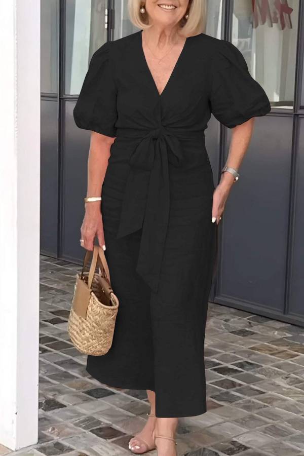 V-Neck Puff Sleeve Twisted Waist Tie Midi Dress