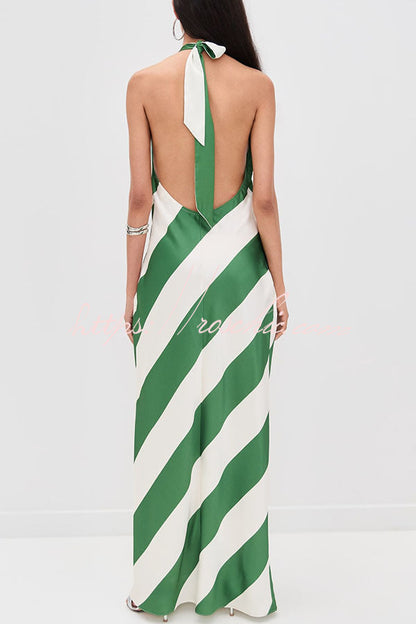 Most Dreamy Stripe Print Halter Tie-up Backless Pocket Loose Maxi Dress