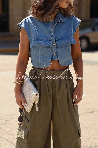 Stylish Weekend Denim Button Up Cape Sleeve Pocket Crop Top