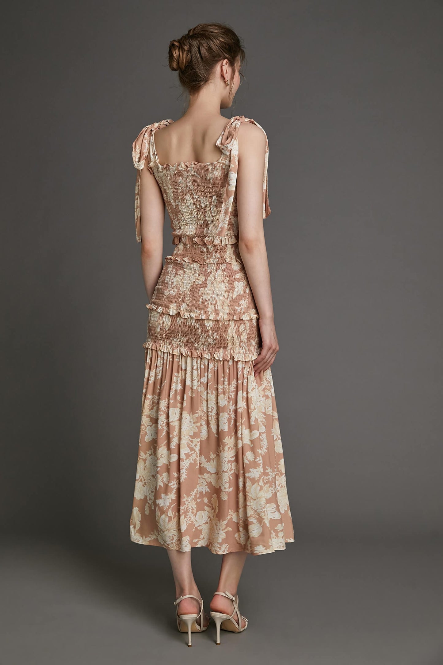 Bisque Floral Print Tie Strap Smocked Ruffled Maxi Dress