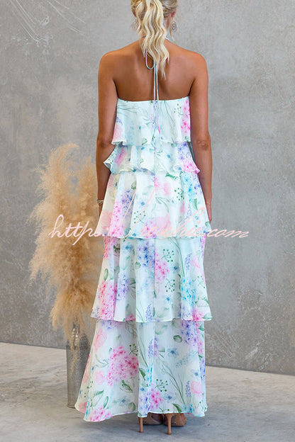 Poetic Eden Chiffon Floral Print Tiered Ruffles Halter A-line Maxi Dress