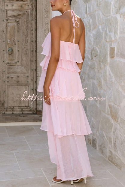Solid Color Chiffon Halter Neck Elegant Ruffle Maxi Dress