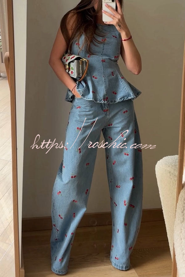 Sweet Casual Denim Cherry Print Princess Seams Flare Vest Top