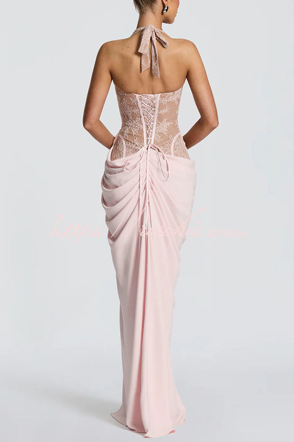 Bonita Floral Lace Contrast Structural Detail Asymmetrical Pleats Halter Slit Maxi Dress