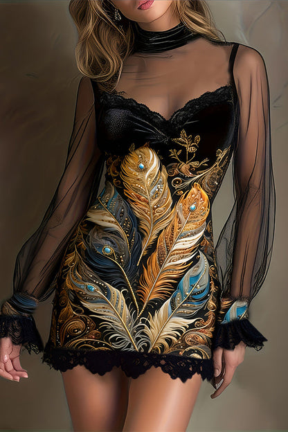 Enchanted Garden Sheer Mock Neck Velvet Dress