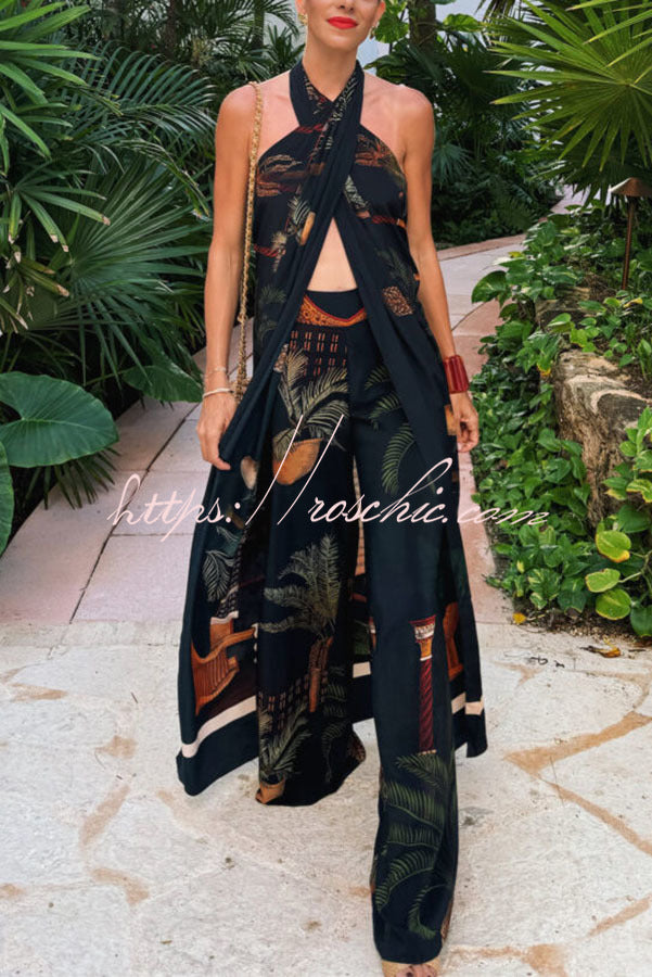 Jungle Elf Unique Print Halter Slit Midi Tank and Elastic Waist Wide Pants Set