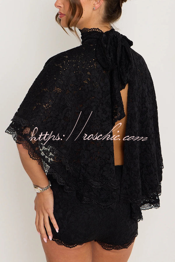 Stylish Openwork Lace Loose Top and Side Zipper Slim-fit Shorts Set