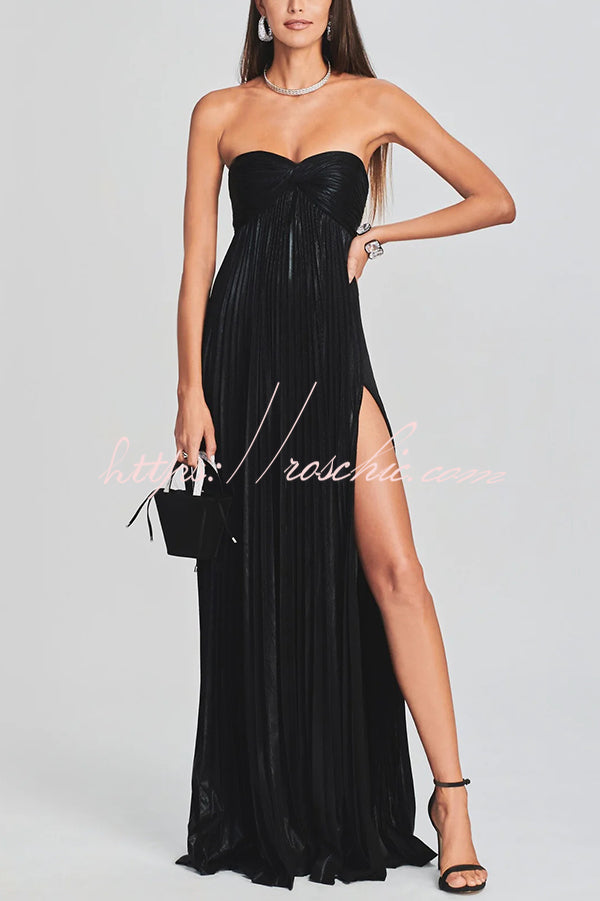 Metallic Sexy Tube Top Pleated High Slit Maxi Dress