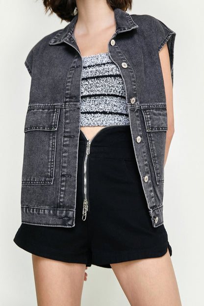 Black Collared Flap Pocket Button Front Denim Vest