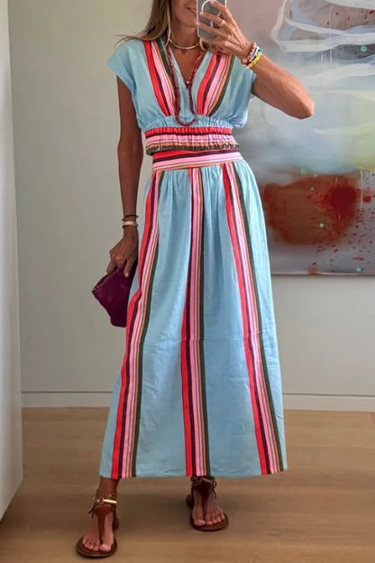 Stylish Striped Print V-neck Cropped Top and Elastic Waist Casual Maxi Skirt Set