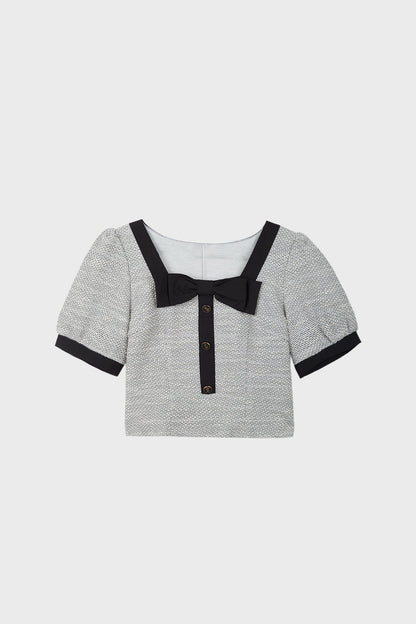 Grey Square Neck Puff Sleeve Blouse