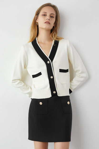 Adelyn White Pocketed Knitted Cardigan Sweater