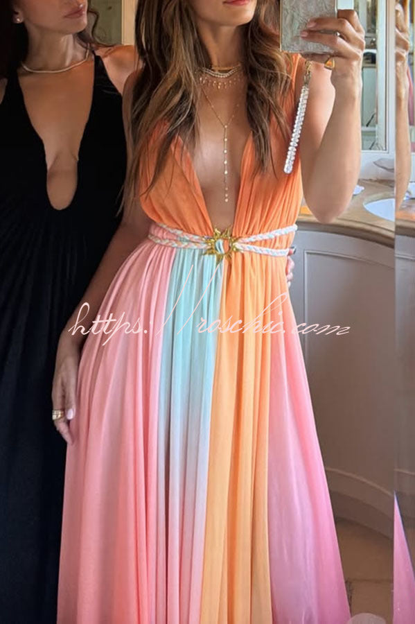 Rainbow Sky Chiffon Ombré Print Metal Decoration Woven Belted Vacation Maxi Dress