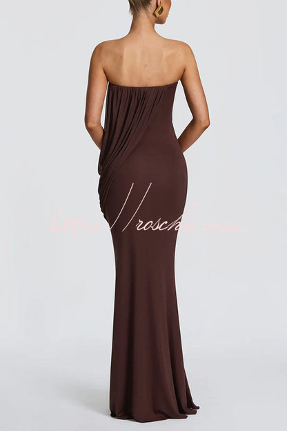 Vienna Modal Jersey Ruched Asymmetric Draped Mesh Strapless Maxi Dress