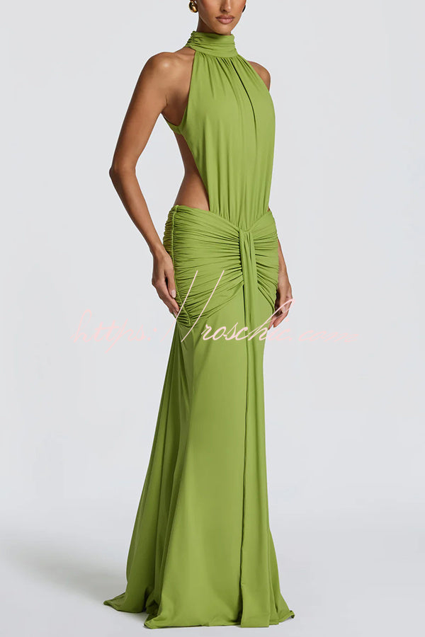 Thekla Stretch Slinky Jersey High Neck Ruched Backless Drape Maxi Dress