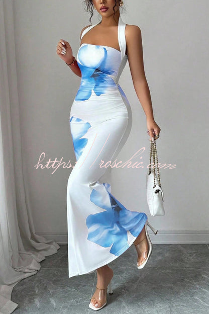 Floral Print Halter Neck Backless Slim-fit Maxi Dress