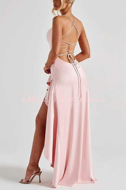 Solid Color Sexy Backless Lace-up Irregular Ruffled Maxi Dress