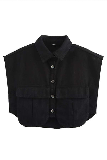 Stylish Weekend Denim Button Up Cape Sleeve Pocket Crop Top