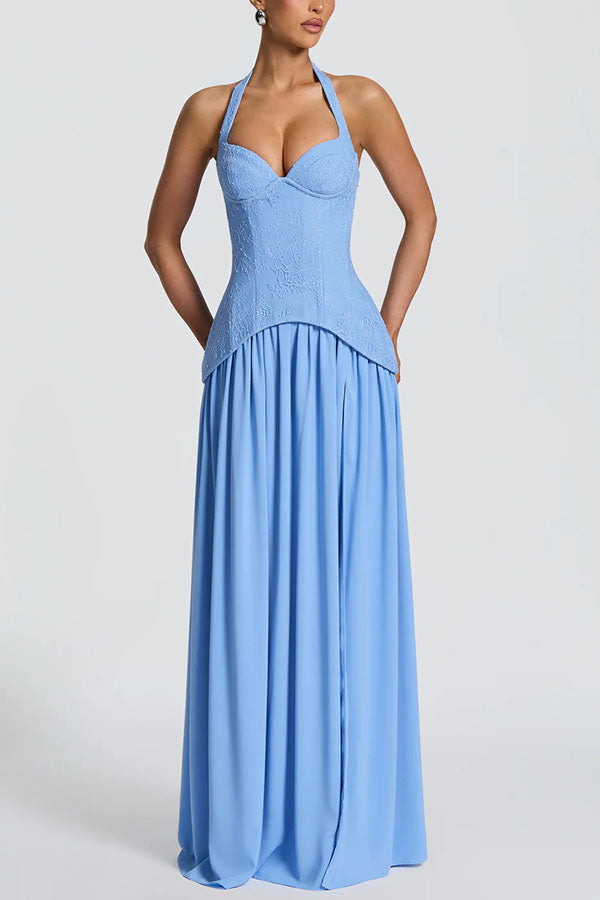 Almira Crepe and Lace Bodice Back Lace-up Chiffon Pleated Hem Maxi Dress