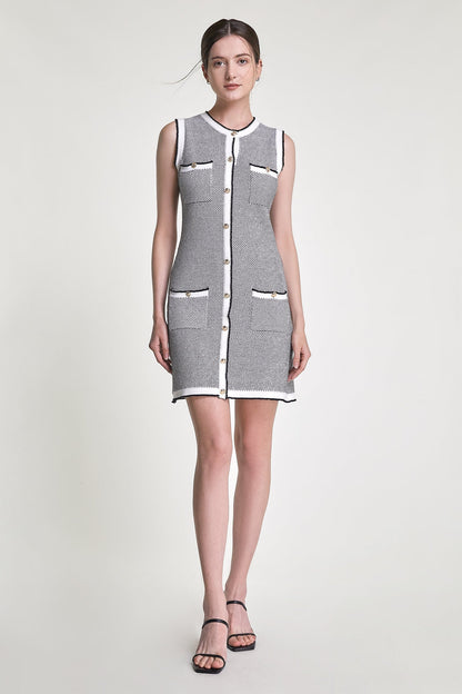 Grey Sleeveless Button Front Pocket Detail Knitted Mini Dress