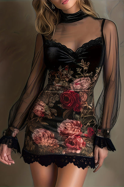 Enchanted Garden Sheer Mock Neck Velvet Dress