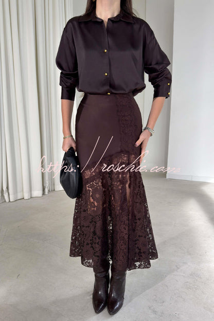 Solid Color Silk Satin and Lace Spliced elegant Maxi Skirt